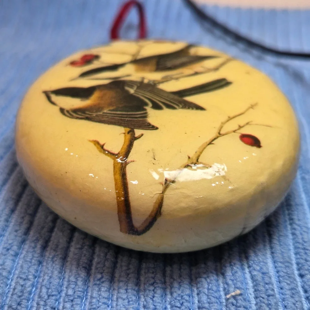 Vintage Chickadee Bird Decoupage Oval Hanging Ornament Nature Decor Double Sided
